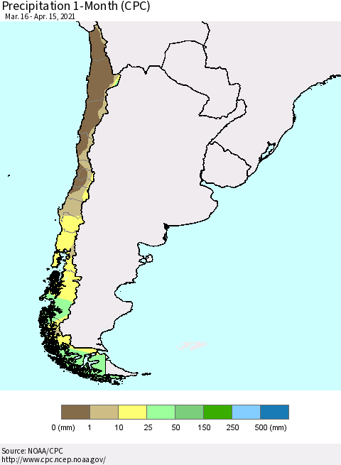 Chile Precipitation 1-Month (CPC) Thematic Map For 3/16/2021 - 4/15/2021