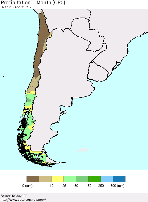 Chile Precipitation 1-Month (CPC) Thematic Map For 3/26/2021 - 4/25/2021