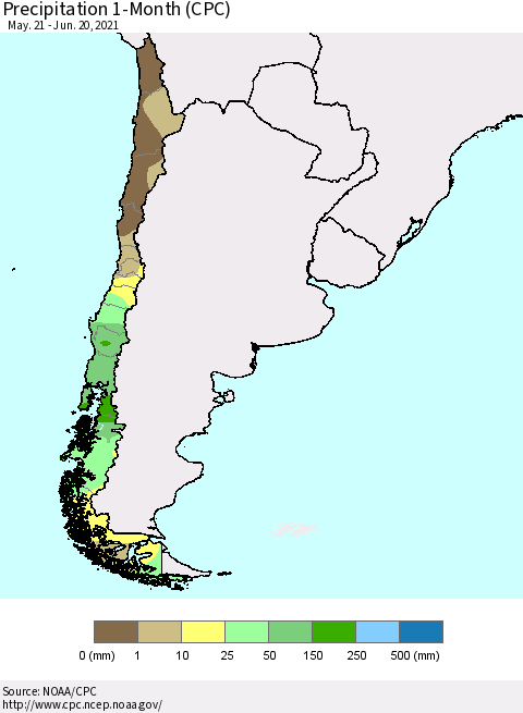 Chile Precipitation 1-Month (CPC) Thematic Map For 5/21/2021 - 6/20/2021