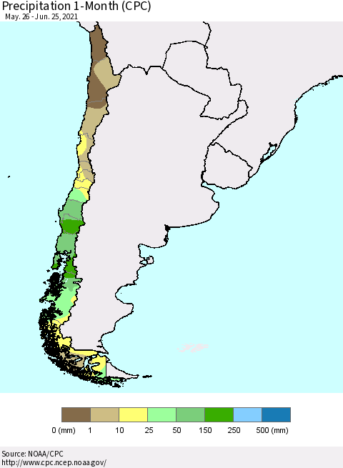Chile Precipitation 1-Month (CPC) Thematic Map For 5/26/2021 - 6/25/2021
