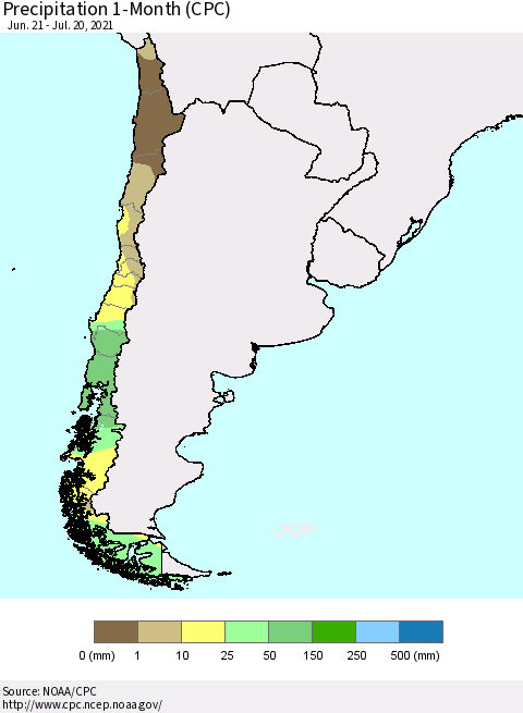 Chile Precipitation 1-Month (CPC) Thematic Map For 6/21/2021 - 7/20/2021