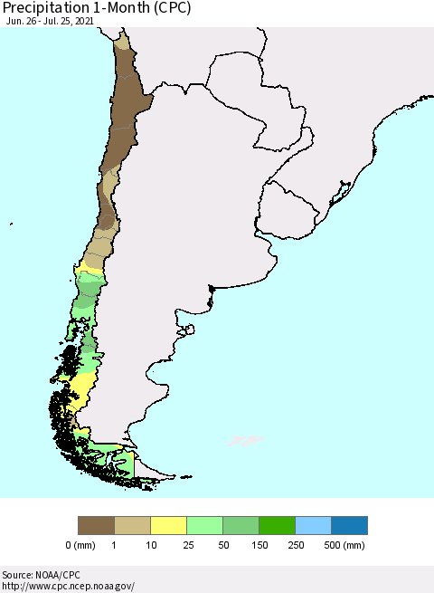 Chile Precipitation 1-Month (CPC) Thematic Map For 6/26/2021 - 7/25/2021