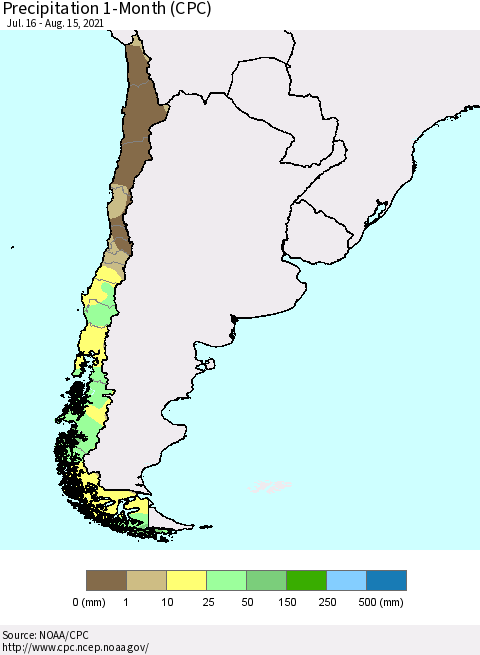 Chile Precipitation 1-Month (CPC) Thematic Map For 7/16/2021 - 8/15/2021