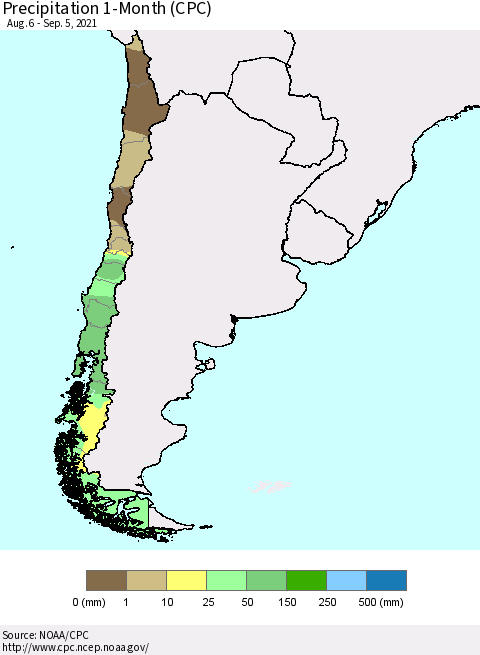 Chile Precipitation 1-Month (CPC) Thematic Map For 8/6/2021 - 9/5/2021