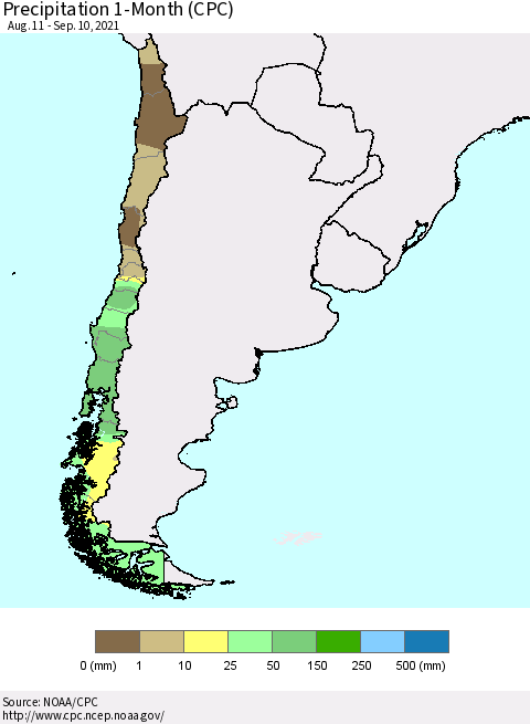 Chile Precipitation 1-Month (CPC) Thematic Map For 8/11/2021 - 9/10/2021