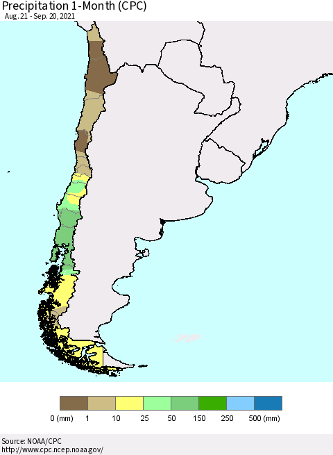 Chile Precipitation 1-Month (CPC) Thematic Map For 8/21/2021 - 9/20/2021
