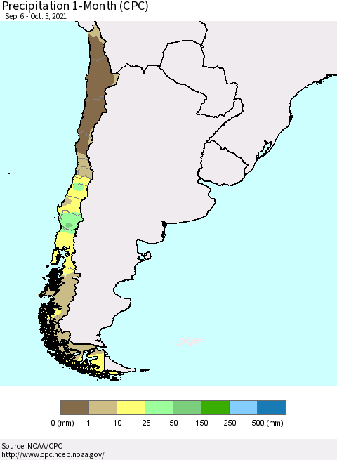 Chile Precipitation 1-Month (CPC) Thematic Map For 9/6/2021 - 10/5/2021