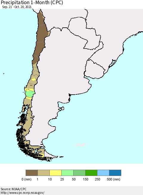 Chile Precipitation 1-Month (CPC) Thematic Map For 9/21/2021 - 10/20/2021