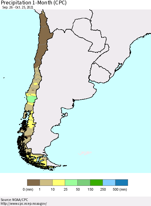 Chile Precipitation 1-Month (CPC) Thematic Map For 9/26/2021 - 10/25/2021