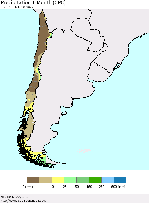 Chile Precipitation 1-Month (CPC) Thematic Map For 1/11/2022 - 2/10/2022