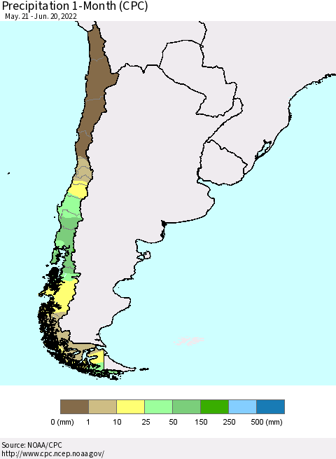Chile Precipitation 1-Month (CPC) Thematic Map For 5/21/2022 - 6/20/2022