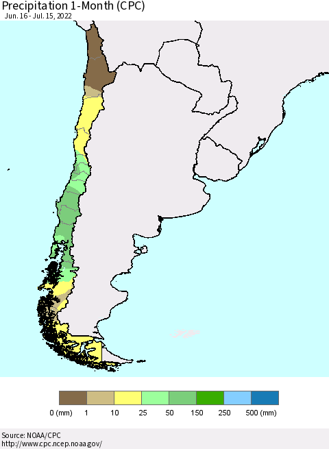 Chile Precipitation 1-Month (CPC) Thematic Map For 6/16/2022 - 7/15/2022