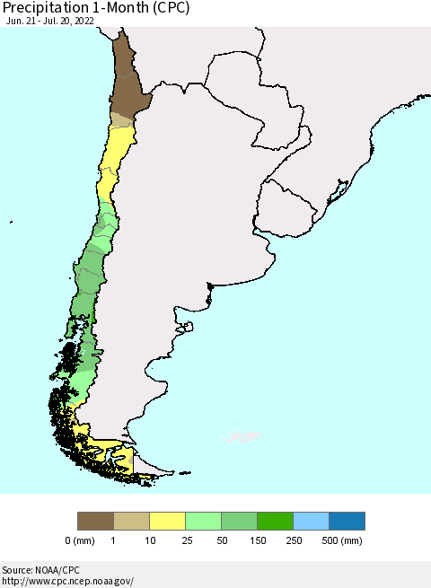 Chile Precipitation 1-Month (CPC) Thematic Map For 6/21/2022 - 7/20/2022