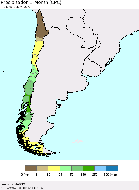Chile Precipitation 1-Month (CPC) Thematic Map For 6/26/2022 - 7/25/2022