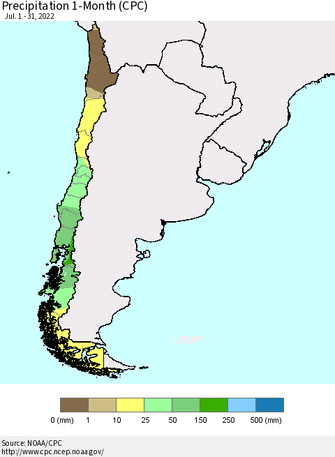 Chile Precipitation 1-Month (CPC) Thematic Map For 7/1/2022 - 7/31/2022