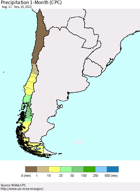 Chile Precipitation 1-Month (CPC) Thematic Map For 8/11/2022 - 9/10/2022