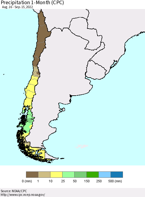 Chile Precipitation 1-Month (CPC) Thematic Map For 8/16/2022 - 9/15/2022