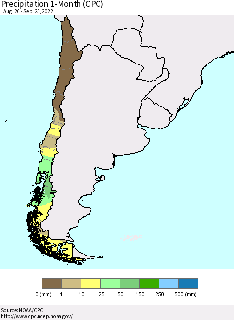 Chile Precipitation 1-Month (CPC) Thematic Map For 8/26/2022 - 9/25/2022