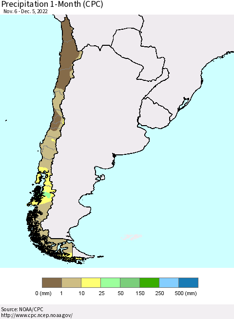 Chile Precipitation 1-Month (CPC) Thematic Map For 11/6/2022 - 12/5/2022