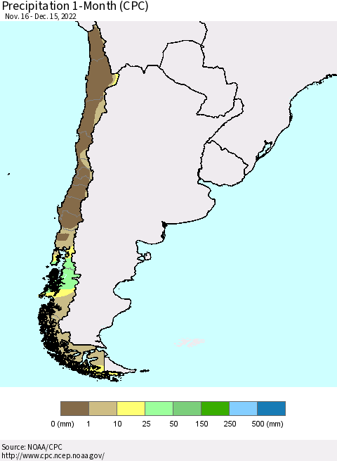 Chile Precipitation 1-Month (CPC) Thematic Map For 11/16/2022 - 12/15/2022
