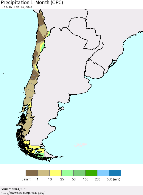 Chile Precipitation 1-Month (CPC) Thematic Map For 1/16/2023 - 2/15/2023