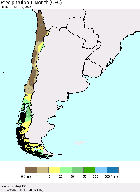 Chile Precipitation 1-Month (CPC) Thematic Map For 3/11/2023 - 4/10/2023