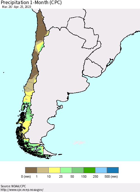 Chile Precipitation 1-Month (CPC) Thematic Map For 3/26/2023 - 4/25/2023