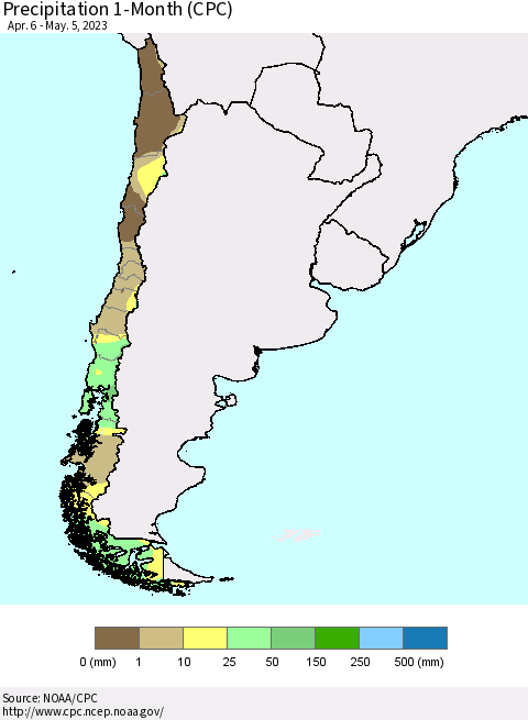Chile Precipitation 1-Month (CPC) Thematic Map For 4/6/2023 - 5/5/2023