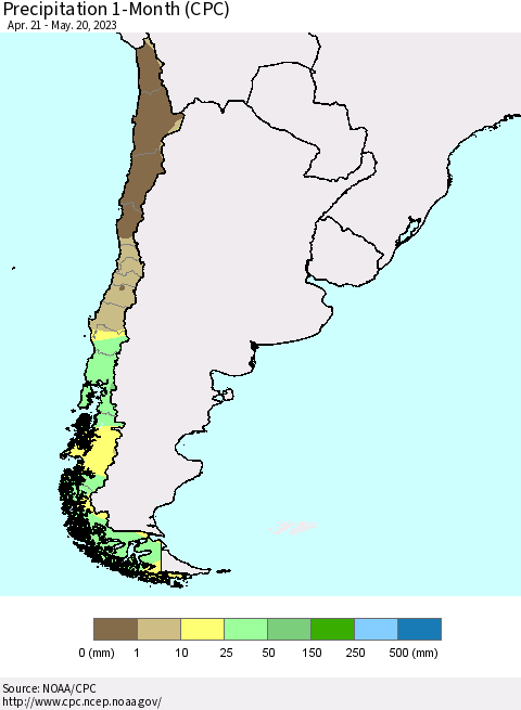 Chile Precipitation 1-Month (CPC) Thematic Map For 4/21/2023 - 5/20/2023