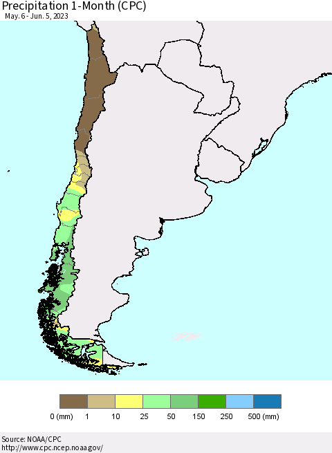 Chile Precipitation 1-Month (CPC) Thematic Map For 5/6/2023 - 6/5/2023