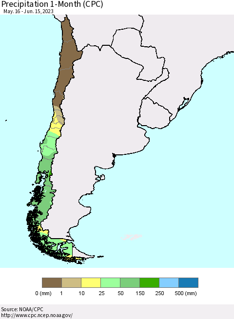 Chile Precipitation 1-Month (CPC) Thematic Map For 5/16/2023 - 6/15/2023