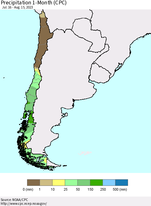 Chile Precipitation 1-Month (CPC) Thematic Map For 7/16/2023 - 8/15/2023