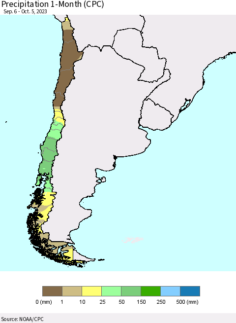 Chile Precipitation 1-Month (CPC) Thematic Map For 9/6/2023 - 10/5/2023