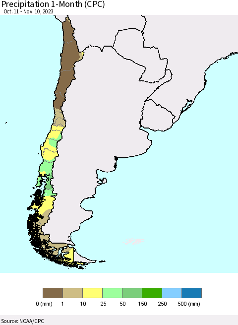 Chile Precipitation 1-Month (CPC) Thematic Map For 10/11/2023 - 11/10/2023