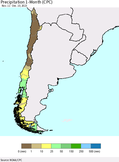 Chile Precipitation 1-Month (CPC) Thematic Map For 11/11/2023 - 12/10/2023