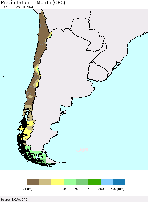 Chile Precipitation 1-Month (CPC) Thematic Map For 1/11/2024 - 2/10/2024
