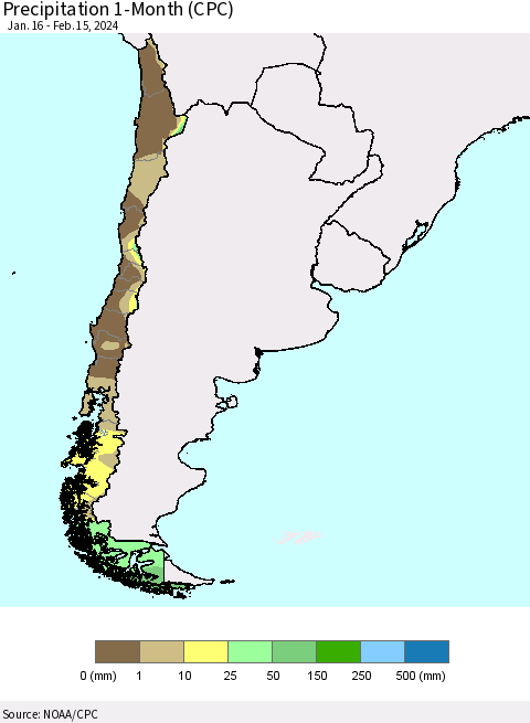 Chile Precipitation 1-Month (CPC) Thematic Map For 1/16/2024 - 2/15/2024
