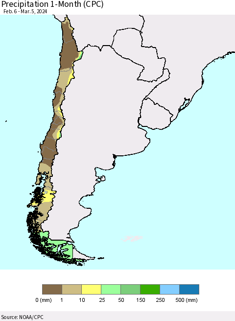 Chile Precipitation 1-Month (CPC) Thematic Map For 2/6/2024 - 3/5/2024