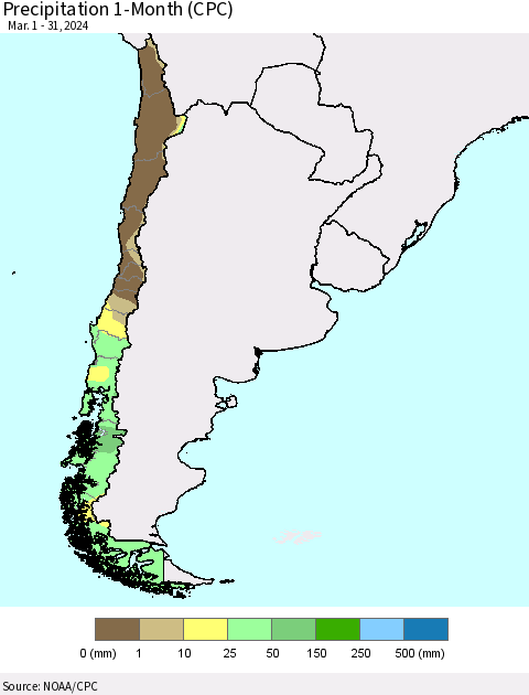 Chile Precipitation 1-Month (CPC) Thematic Map For 3/1/2024 - 3/31/2024