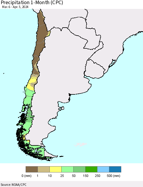 Chile Precipitation 1-Month (CPC) Thematic Map For 3/6/2024 - 4/5/2024