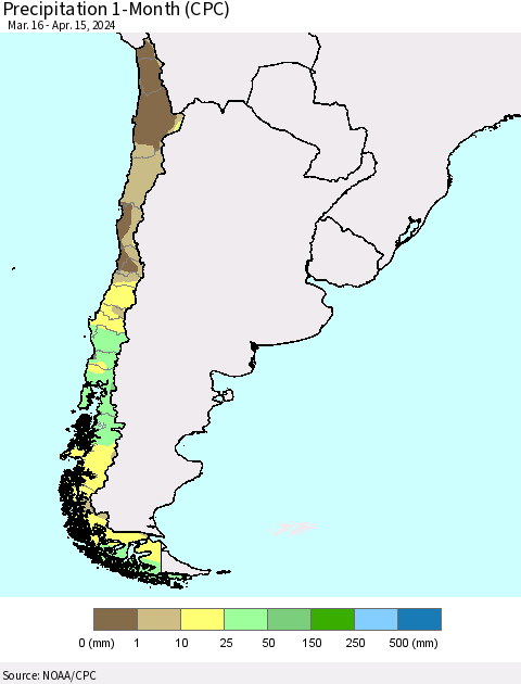 Chile Precipitation 1-Month (CPC) Thematic Map For 3/16/2024 - 4/15/2024