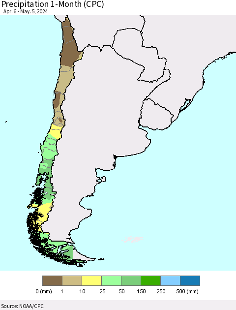 Chile Precipitation 1-Month (CPC) Thematic Map For 4/6/2024 - 5/5/2024