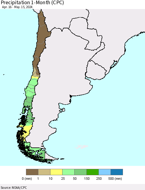 Chile Precipitation 1-Month (CPC) Thematic Map For 4/16/2024 - 5/15/2024