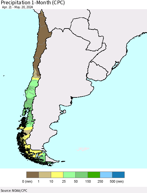 Chile Precipitation 1-Month (CPC) Thematic Map For 4/21/2024 - 5/20/2024