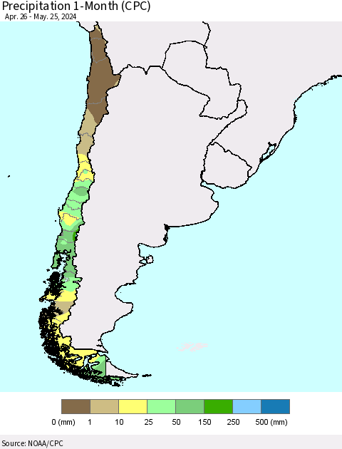 Chile Precipitation 1-Month (CPC) Thematic Map For 4/26/2024 - 5/25/2024