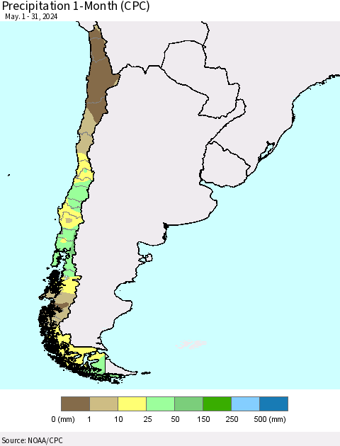 Chile Precipitation 1-Month (CPC) Thematic Map For 5/1/2024 - 5/31/2024