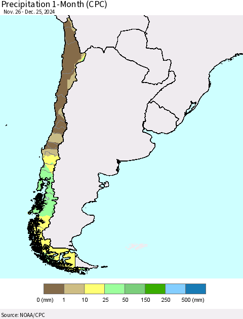 Chile Precipitation 1-Month (CPC) Thematic Map For 11/26/2024 - 12/25/2024