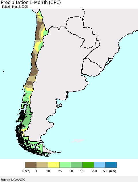 Chile Precipitation 1-Month (CPC) Thematic Map For 2/6/2025 - 3/5/2025