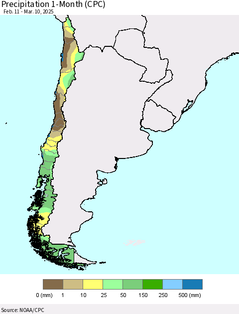 Chile Precipitation 1-Month (CPC) Thematic Map For 2/11/2025 - 3/10/2025