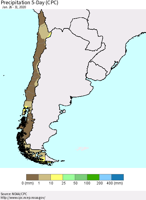 Chile Precipitation 5-Day (CPC) Thematic Map For 1/26/2020 - 1/31/2020